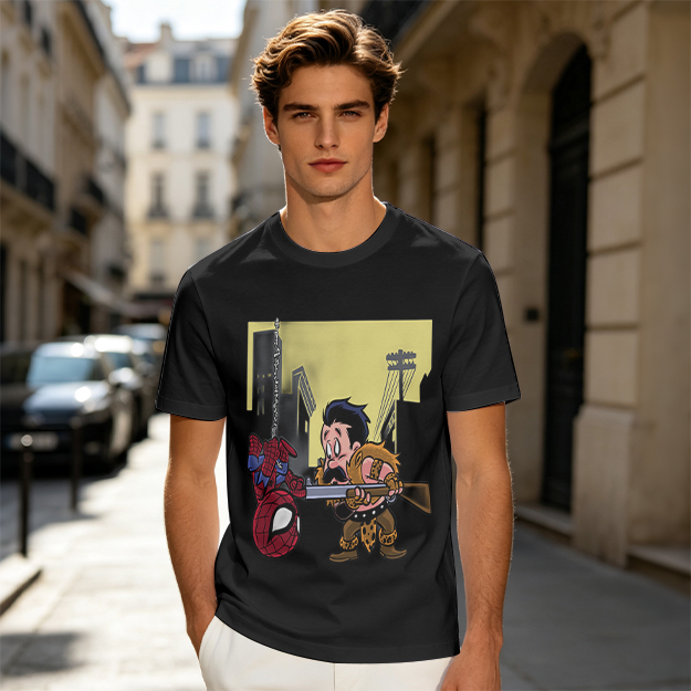 Olive T-shirt with Spider-Man and Hunter Cartoon Print