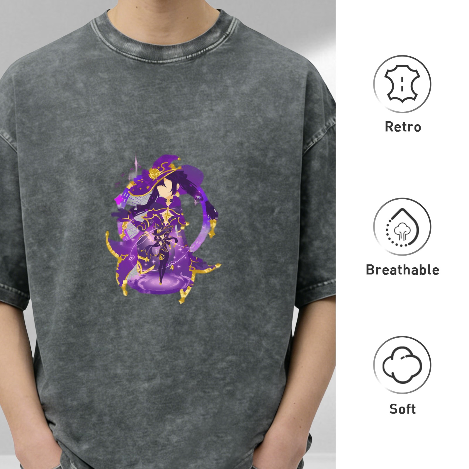 Washed Black Oversized T-Shirt with Fantasy Witch Character Print