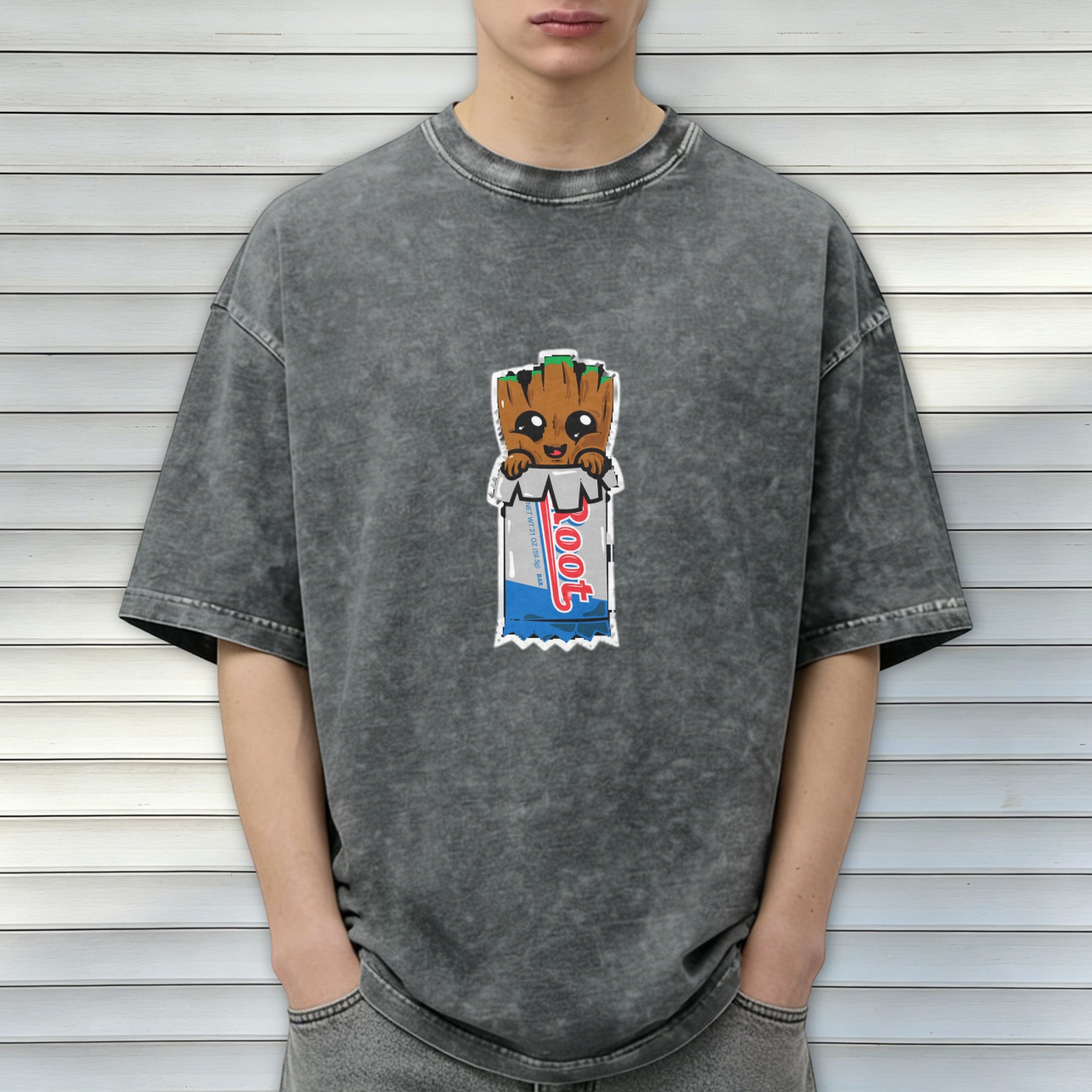 Washed black graphic t-shirt with cute Baby Root character print