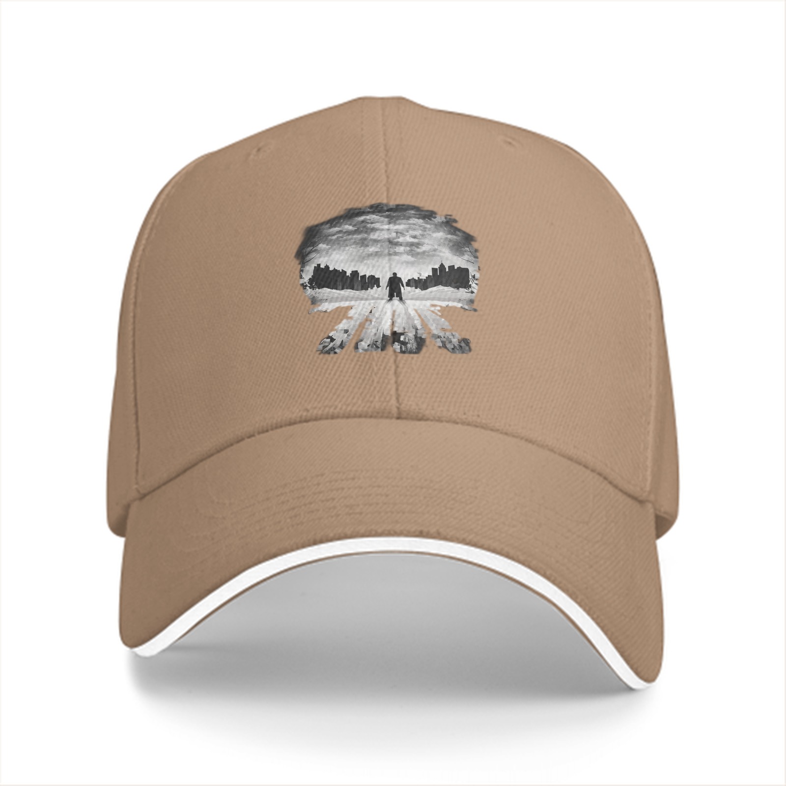 Black baseball cap with Punisher skull cityscape graphic