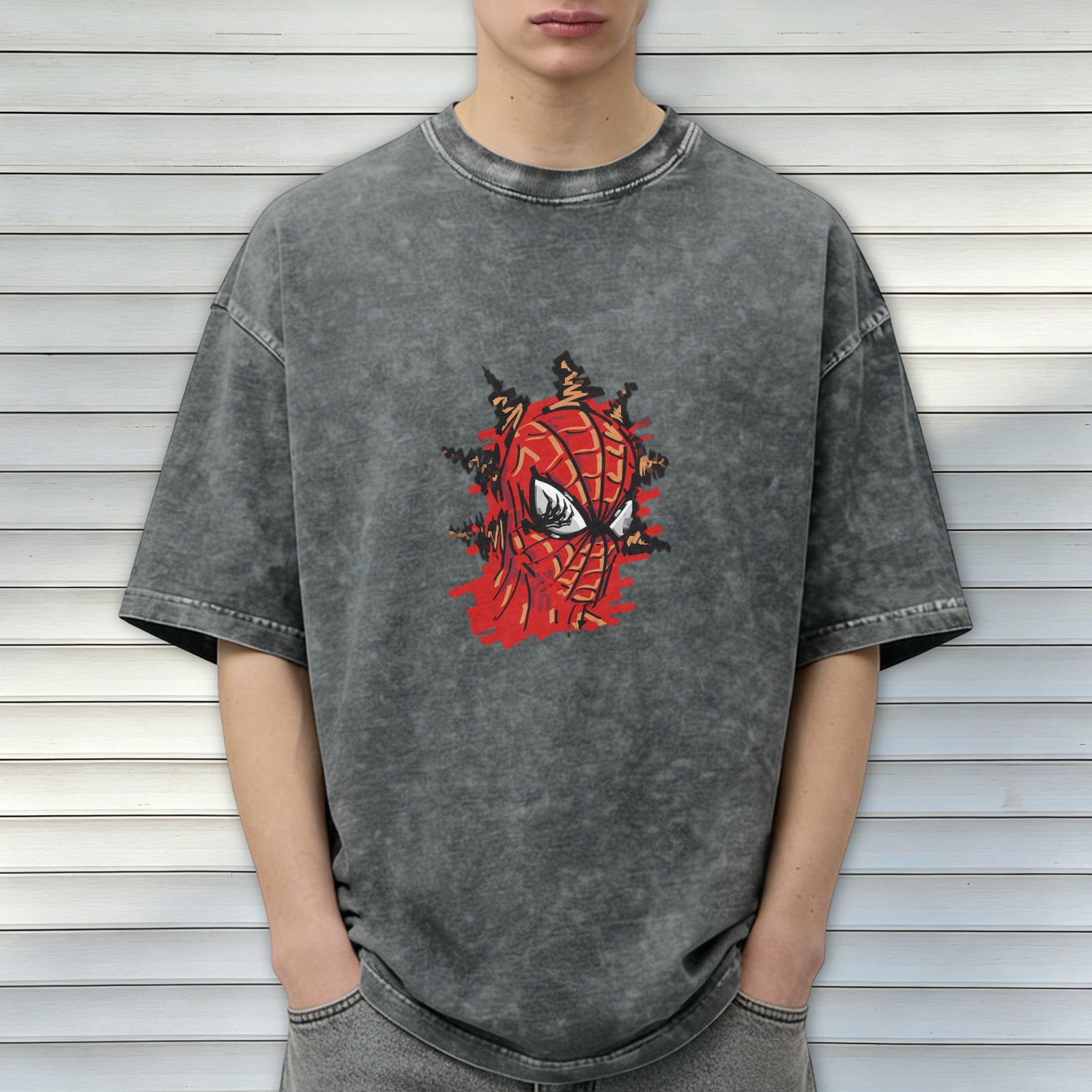 Oversized Acid Wash T-Shirt with Spider-Man Graphic Print