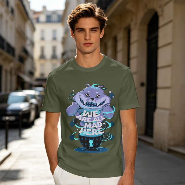 Olive Graphic Tee With Cheshire Cat We Are All Mad Here Print