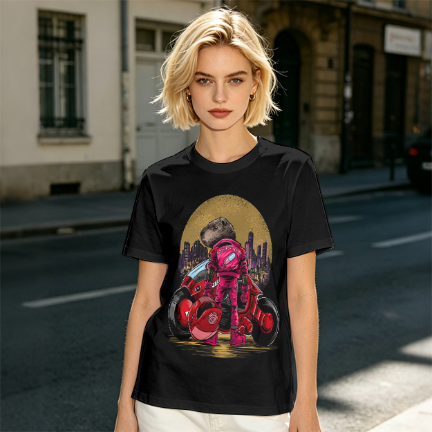 Olive T-Shirt With Capybara Biker And Futuristic City Print