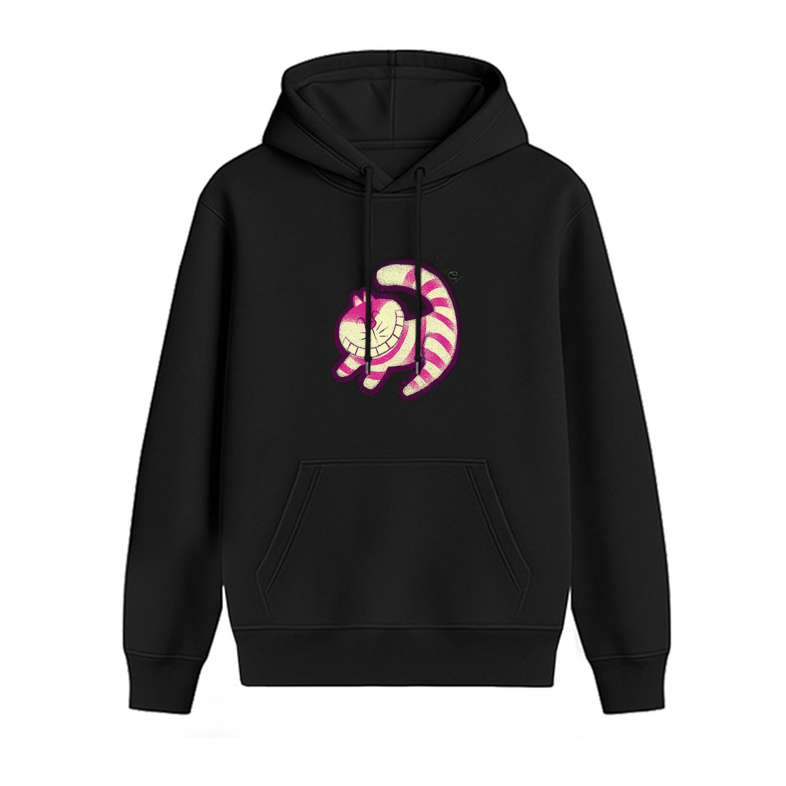 Black Hoodie with Cheshire Cat Graphic Print