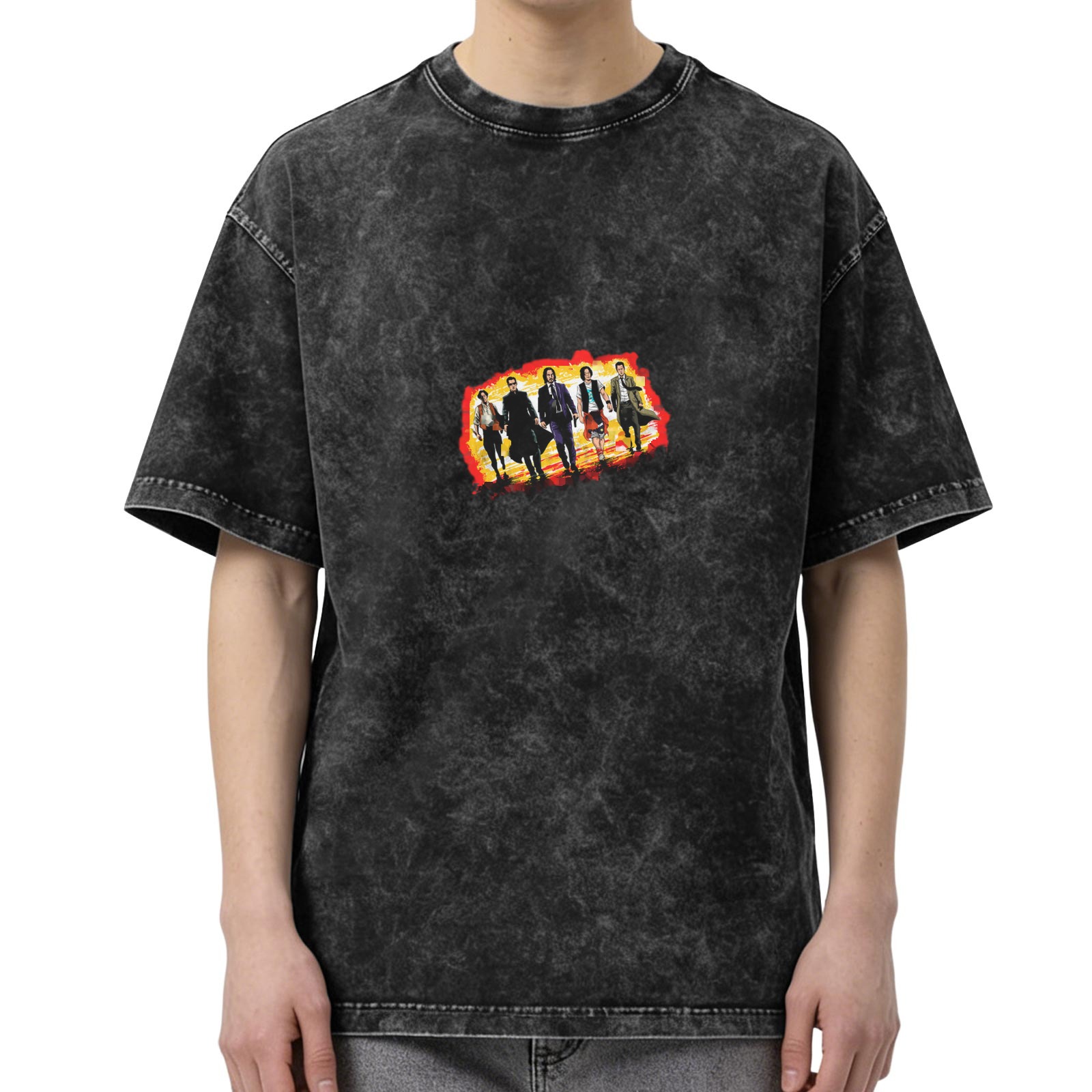Distressed washed black loose short-sleeved T-shirt with film and television character prints