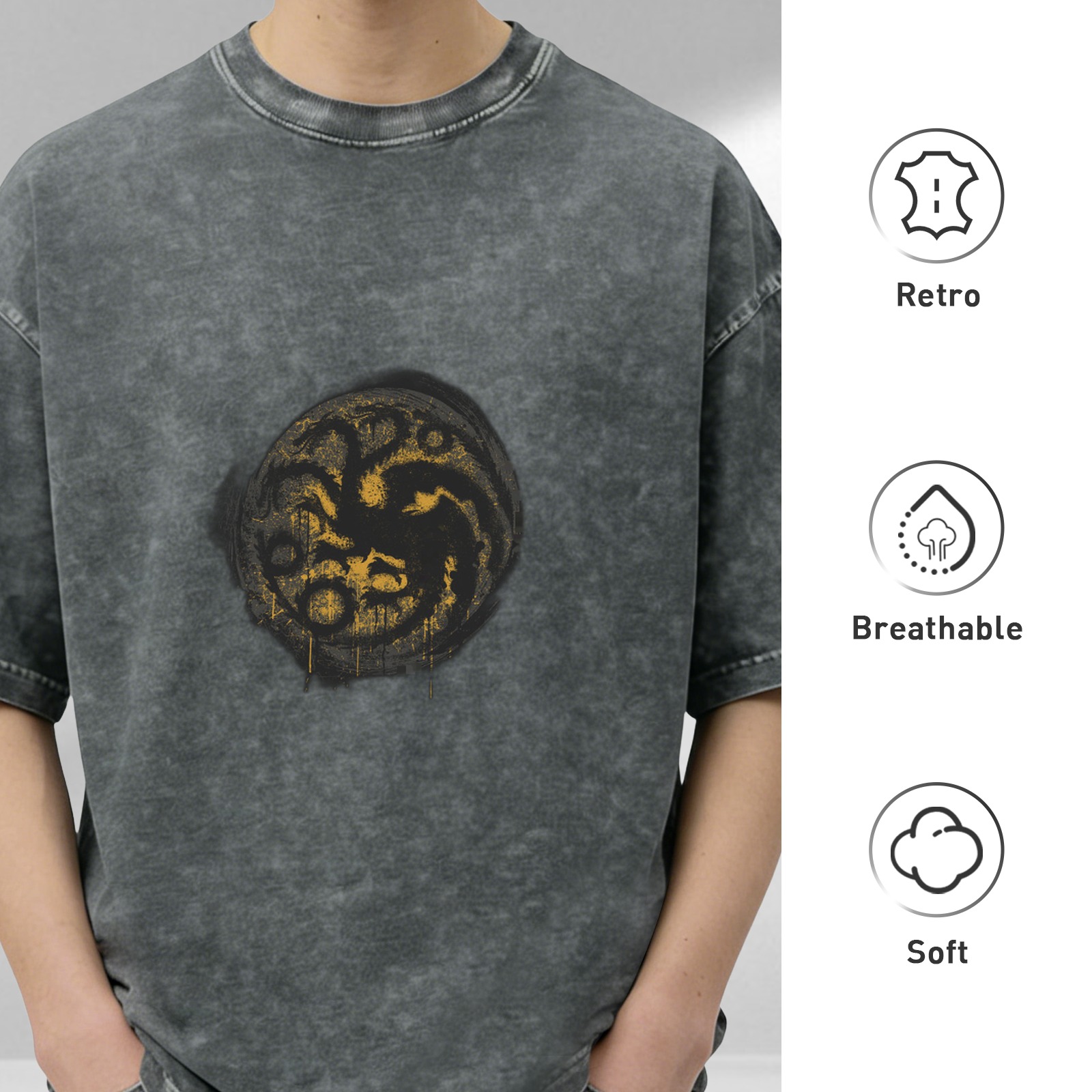 Washed black oversized t-shirt with yellow dragon sigil graphic
