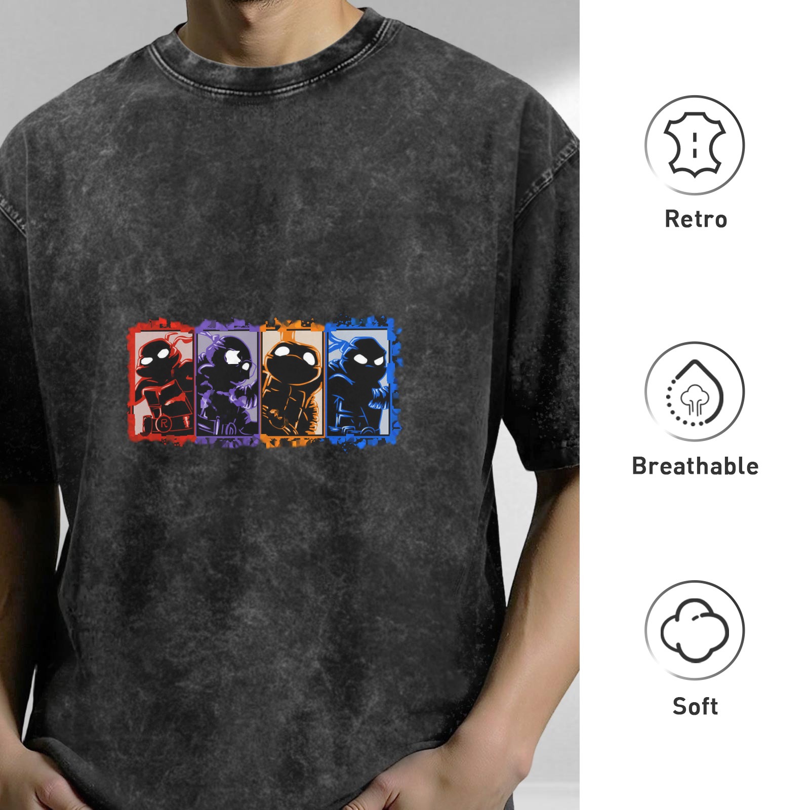 Washed Black T-Shirt with Ninja Turtle Character Panels