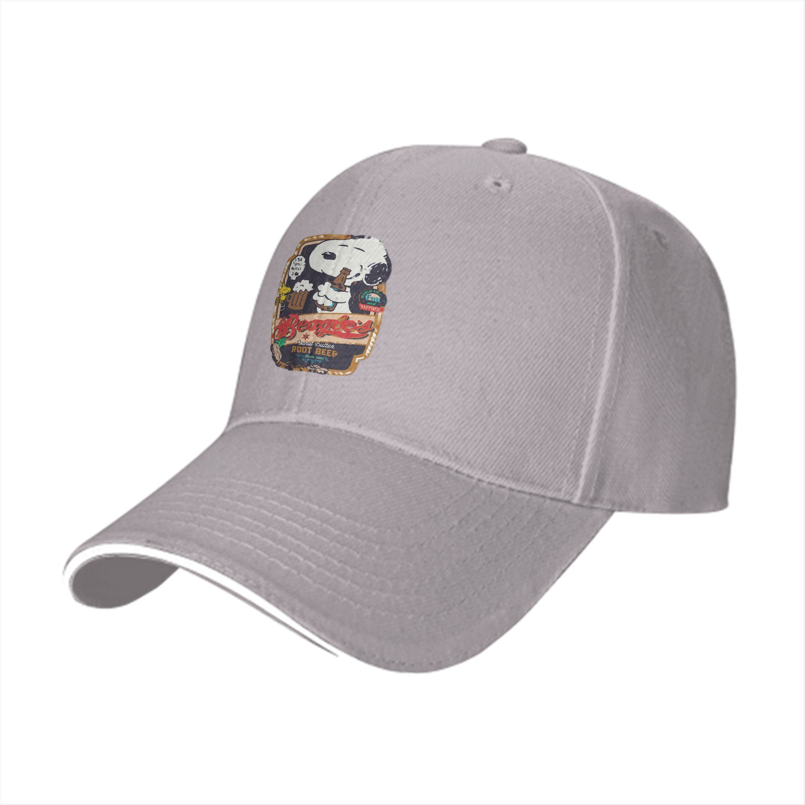 Black baseball cap with Snoopy root beer graphic print