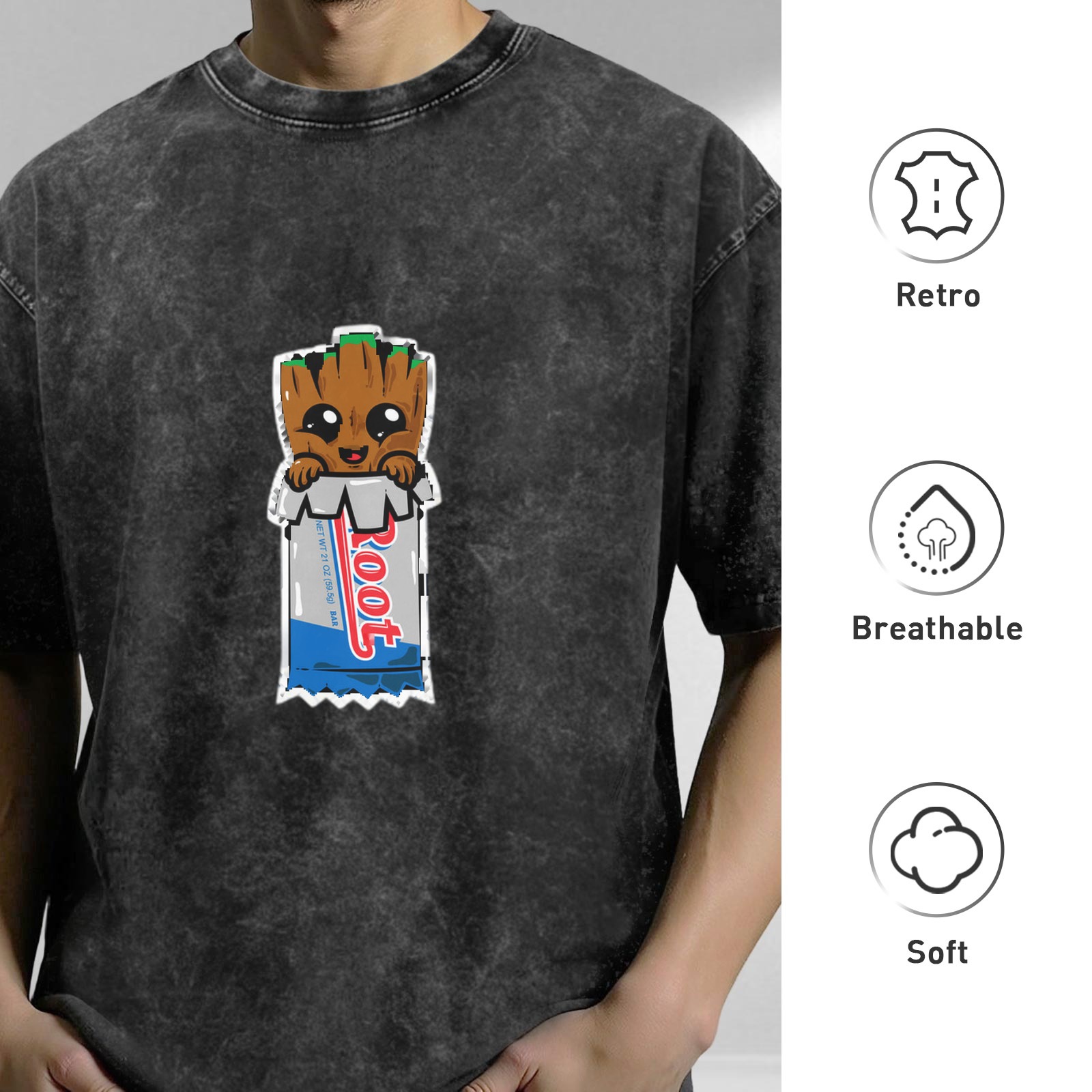 Washed black graphic t-shirt with cute Baby Root character print