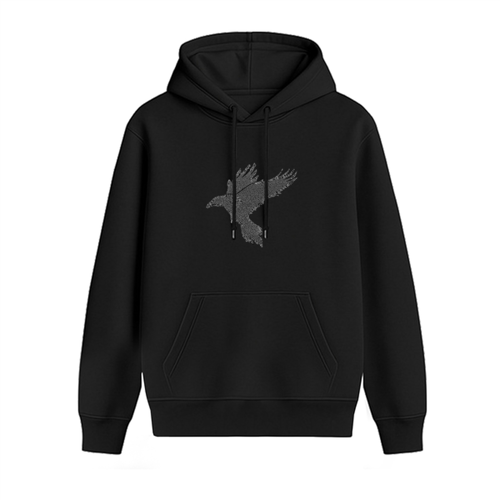Black Hoodie With Flying Raven Graphic Print