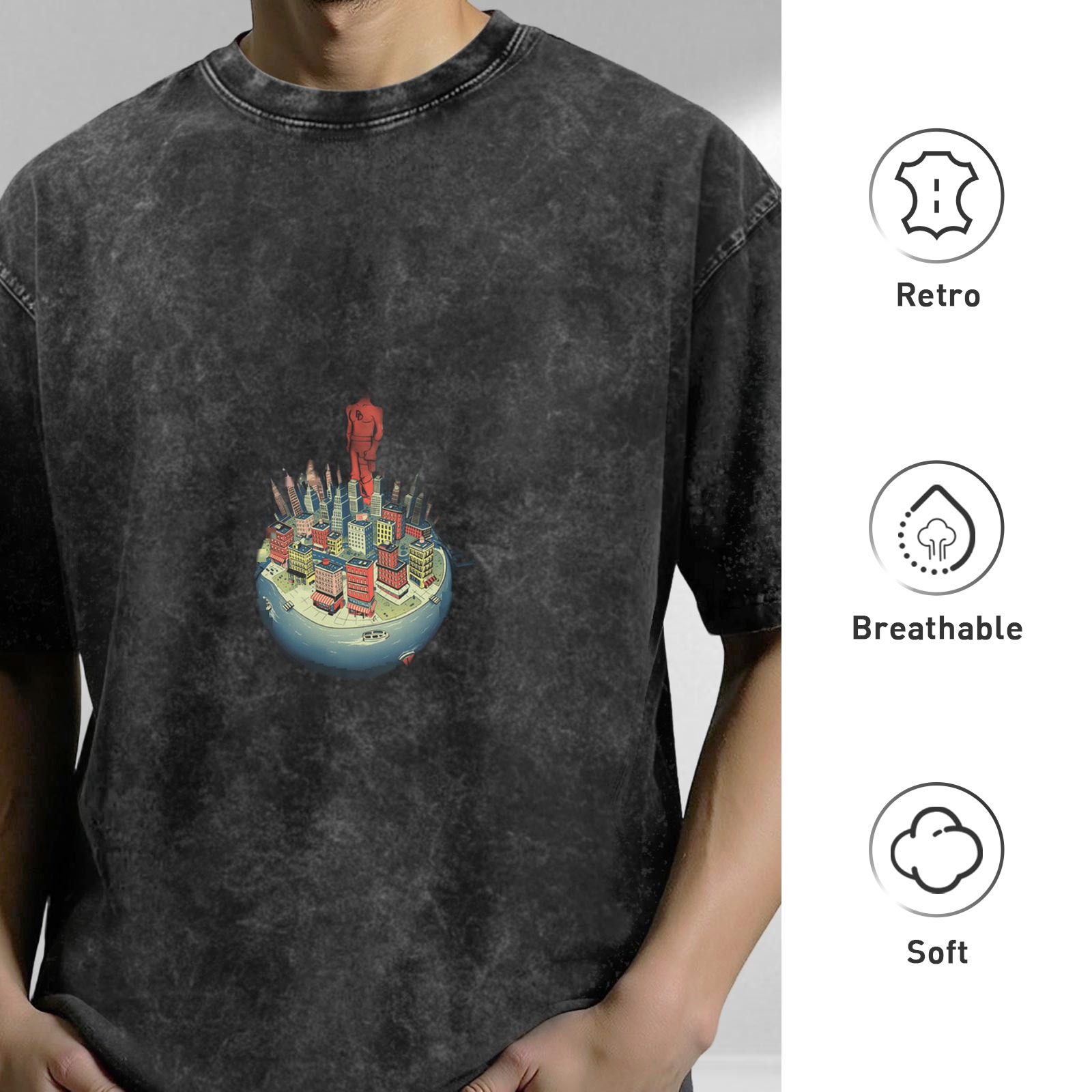 Oversized Acid Wash T-Shirt With Mini City And Red Figure Print