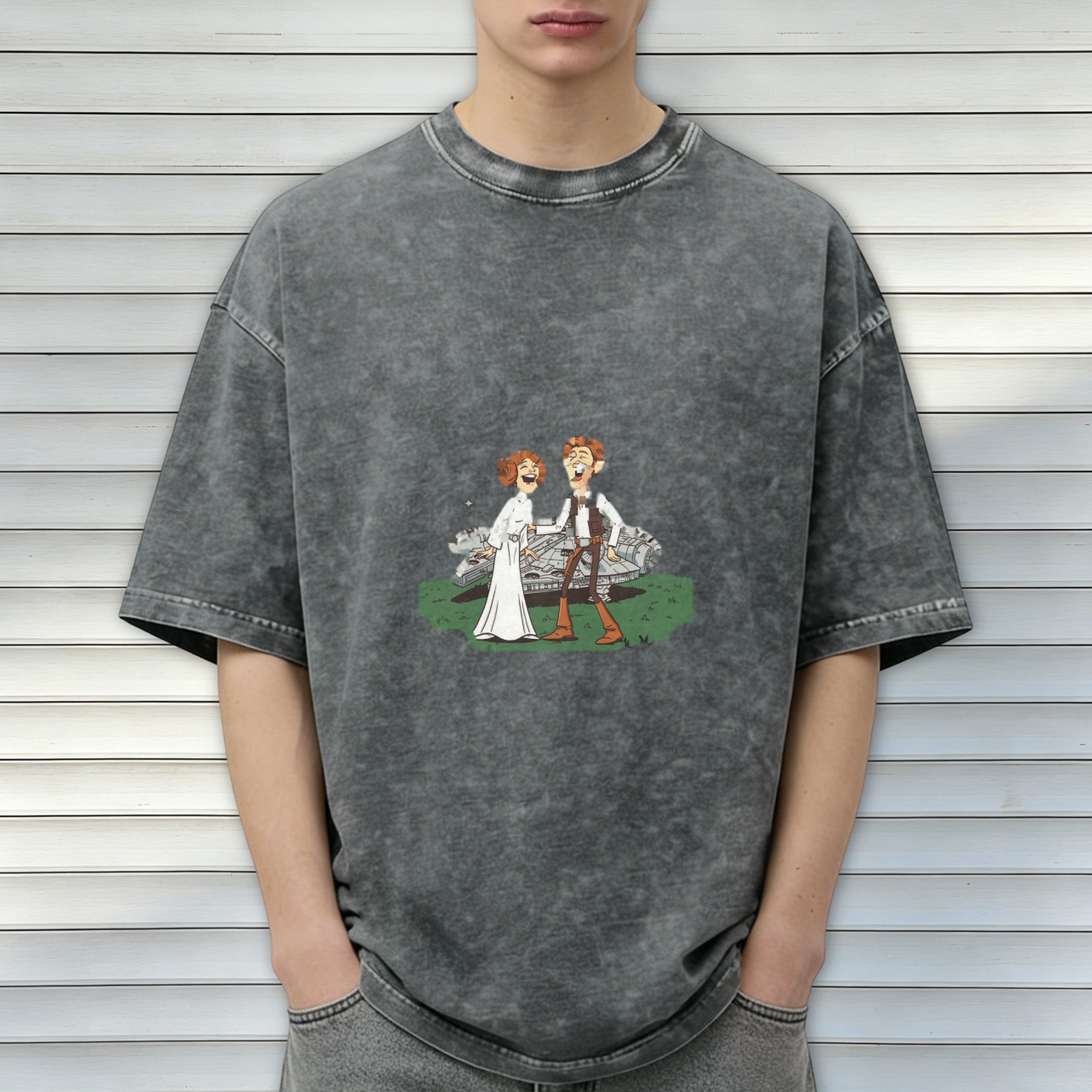 Washed black t-shirt with laughing Star Wars characters and Millennium Falcon print