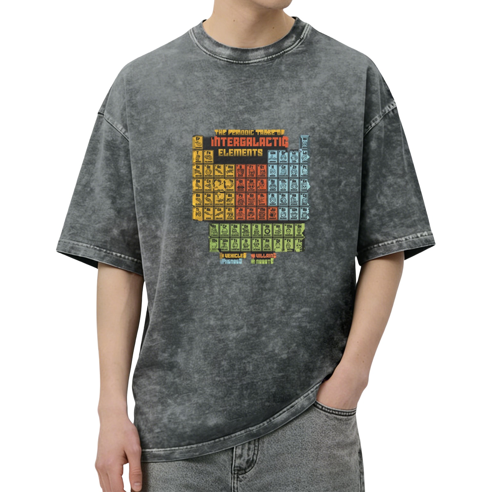 Retro washed black interstellar periodic table themed print loose short-sleeved T-shirt