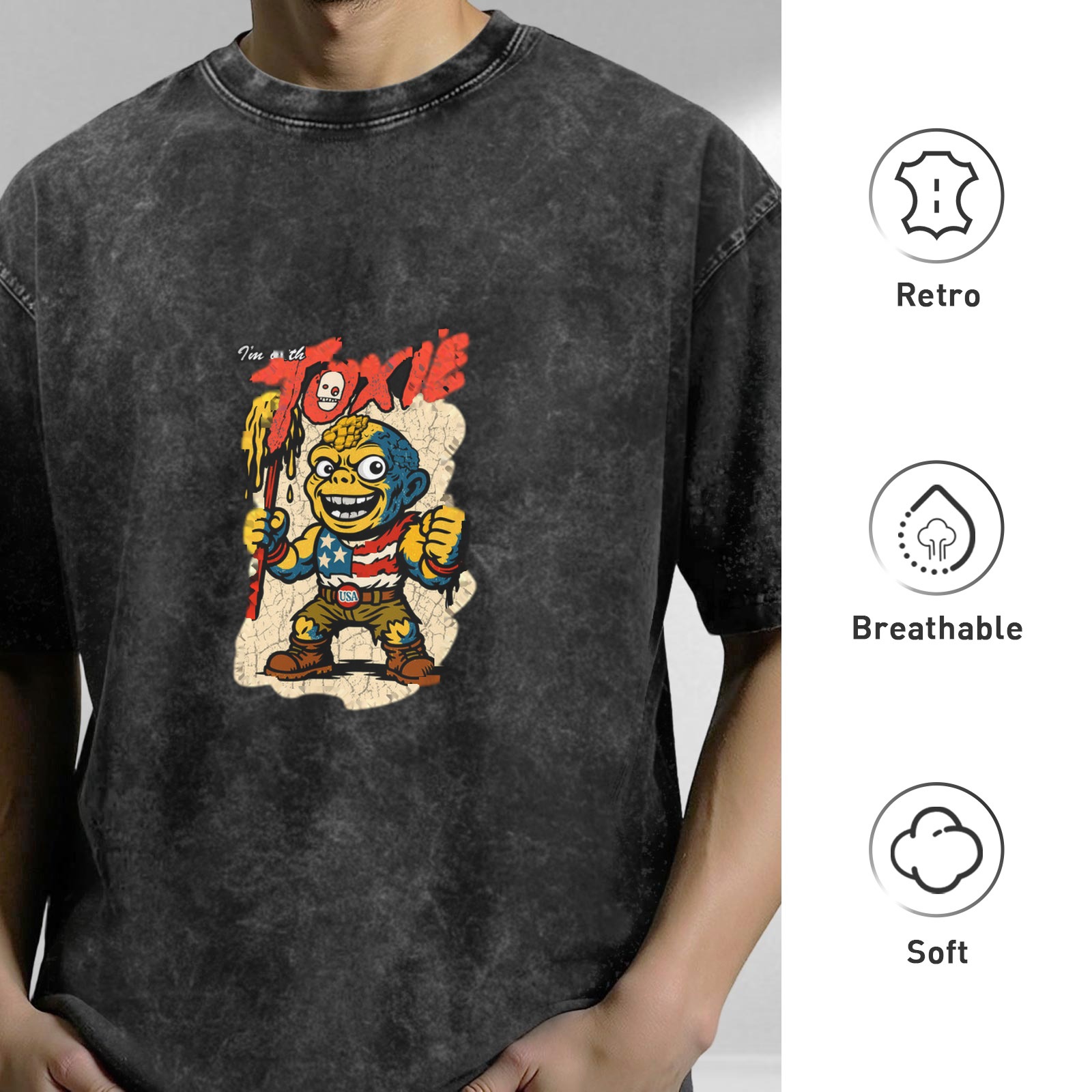 Washed Black T-Shirt with Toxic Cartoon Character Graphic