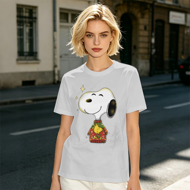 Olive T-shirt with Snoopy in Christmas Sweater Graphic