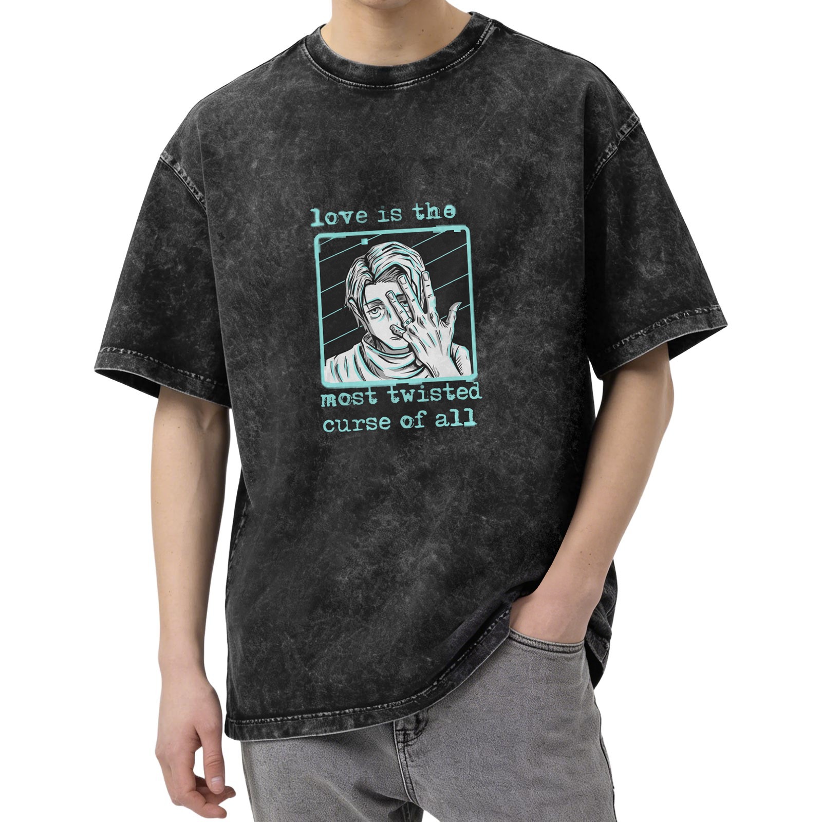 Anime graphic washed t-shirt with 'love is the most twisted curse of all' text
