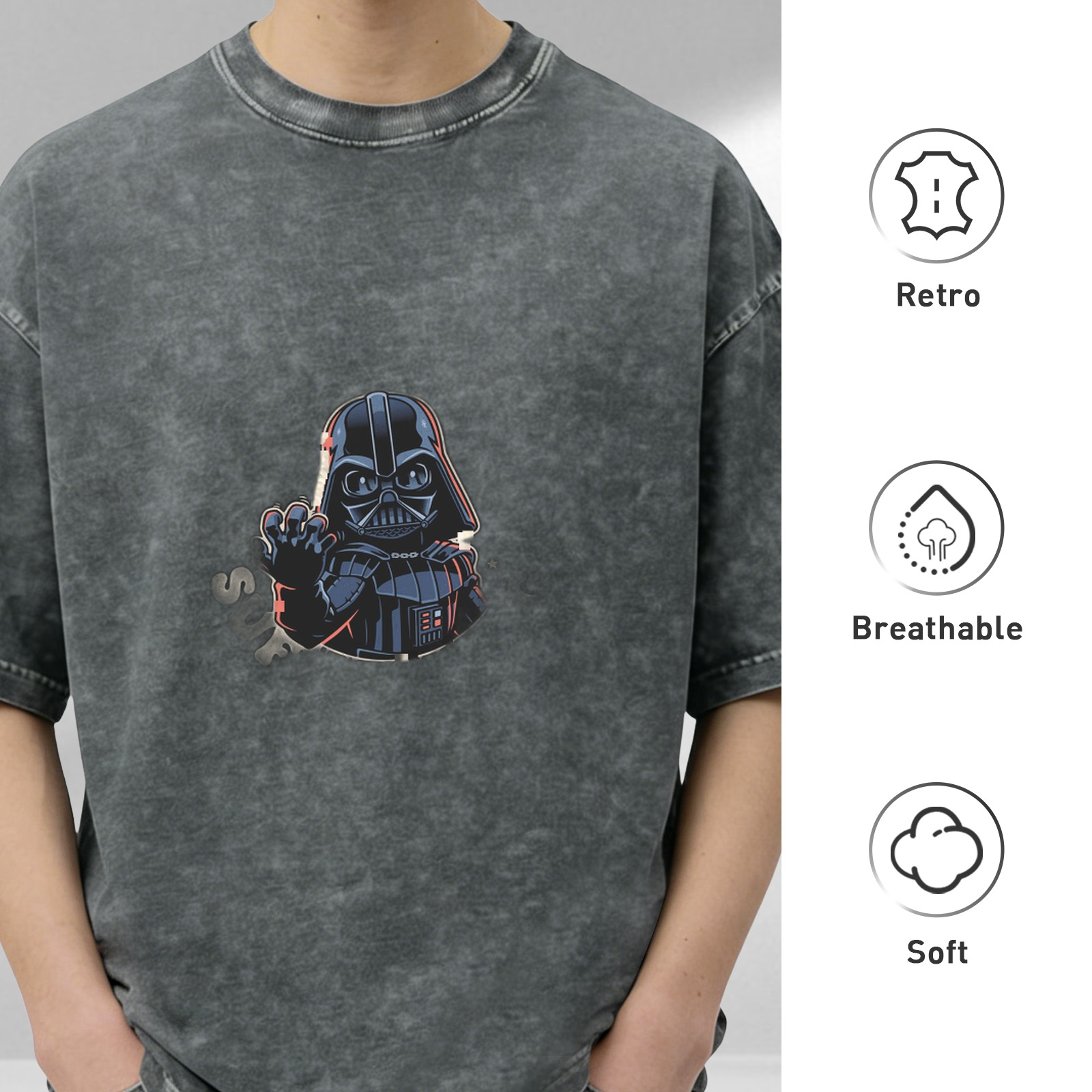 Washed Black T-Shirt With Cute Darth Vader Graphic