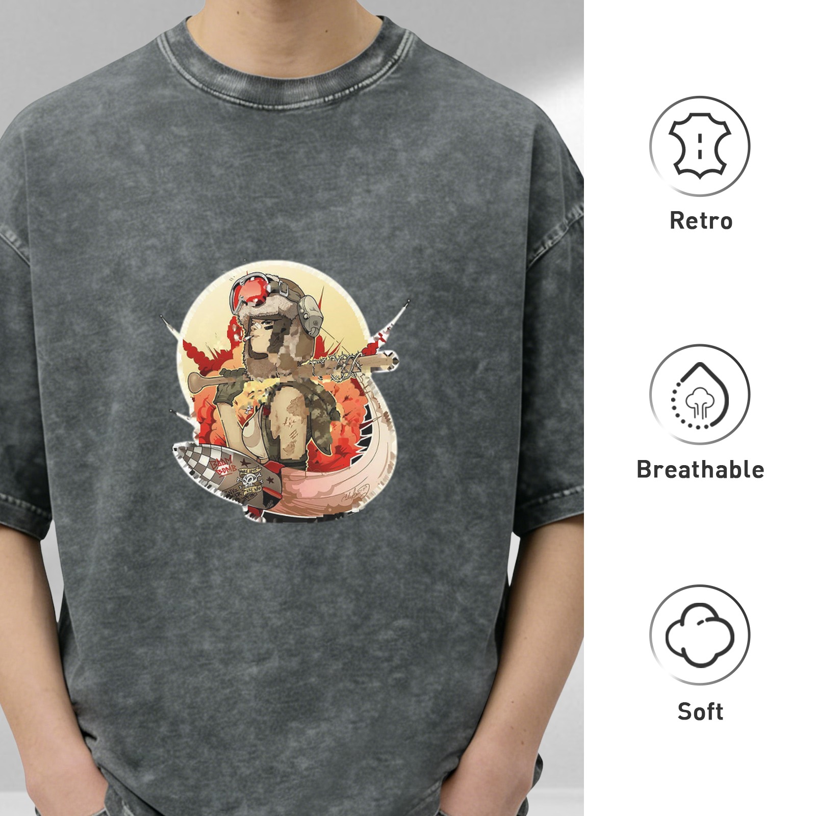 Oversized Acid Wash T-Shirt with Retro Pilot Graphic Print
