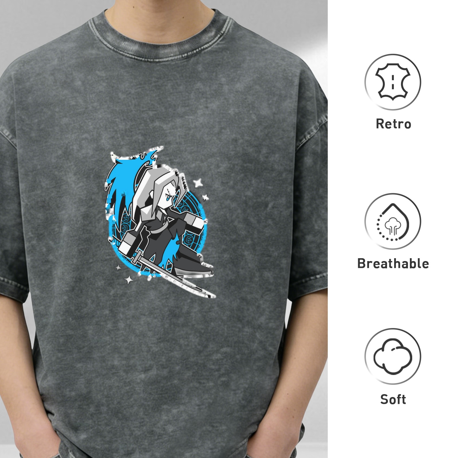 Oversized Dark Wash T-Shirt With Chibi Fantasy Villain Print
