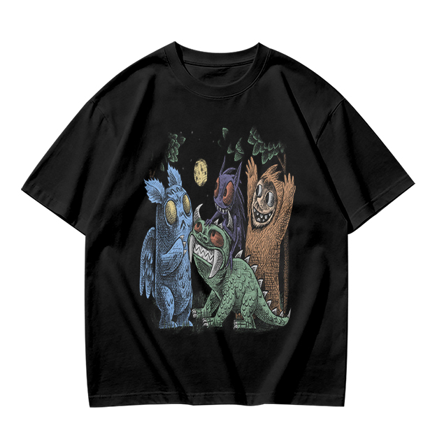 Olive Green T-Shirt With Whimsical Monster Crew Graphic Print