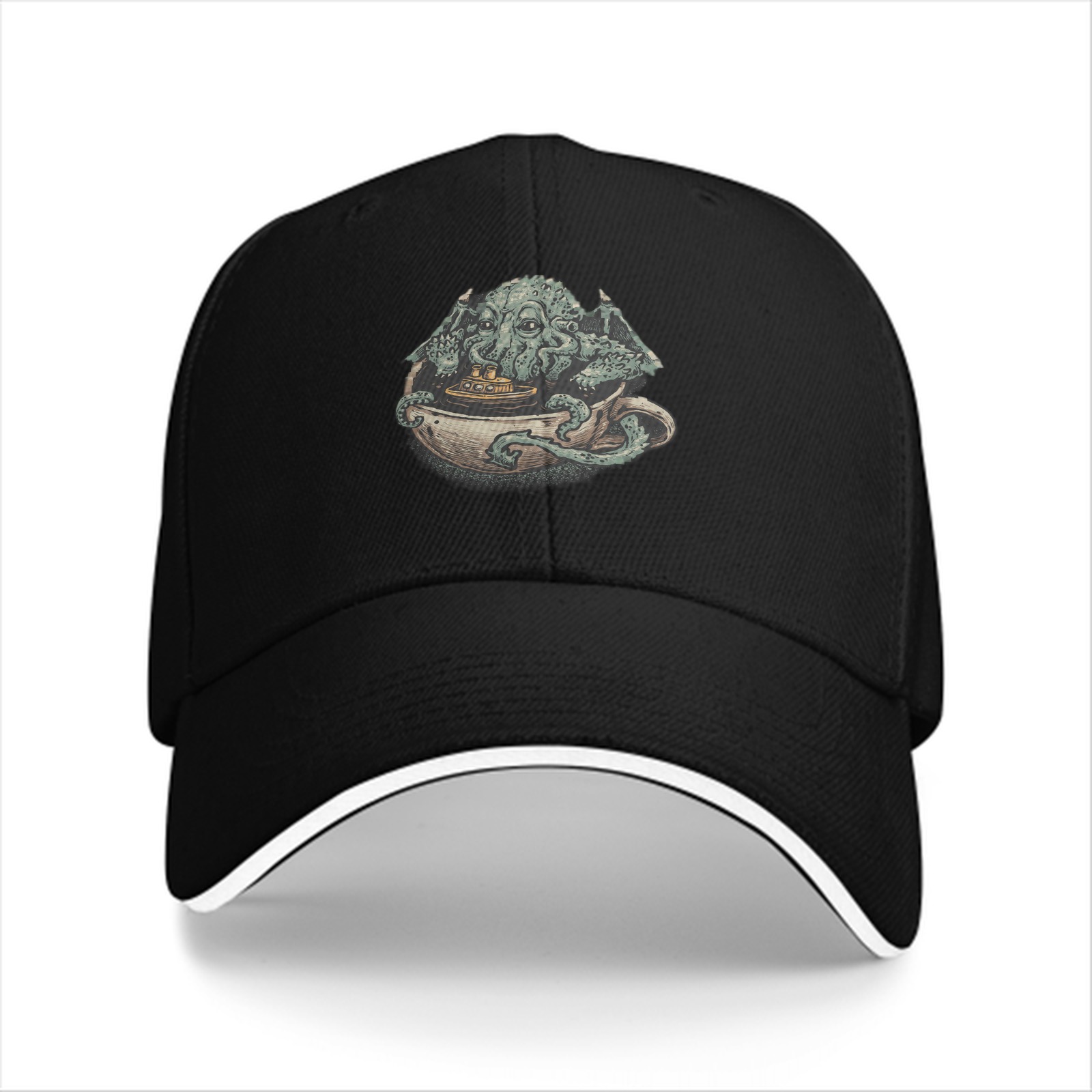 Black Baseball Cap With Cthulhu In Teacup Graphic Print