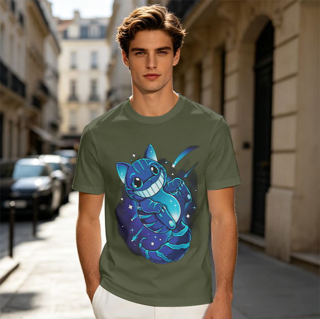 Olive T-shirt with Galaxy Cheshire Cat Graphic Print