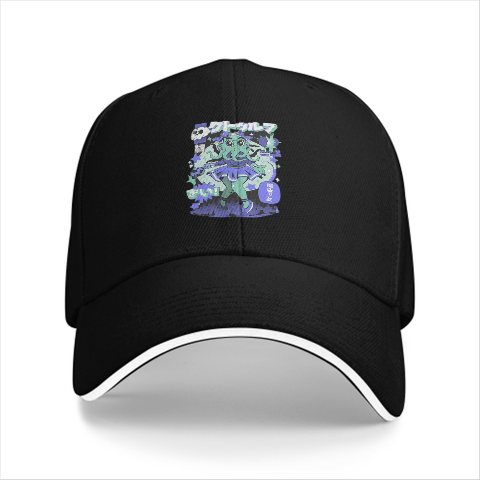 Black Baseball Cap With Anime Octopus Girl Graphic Print
