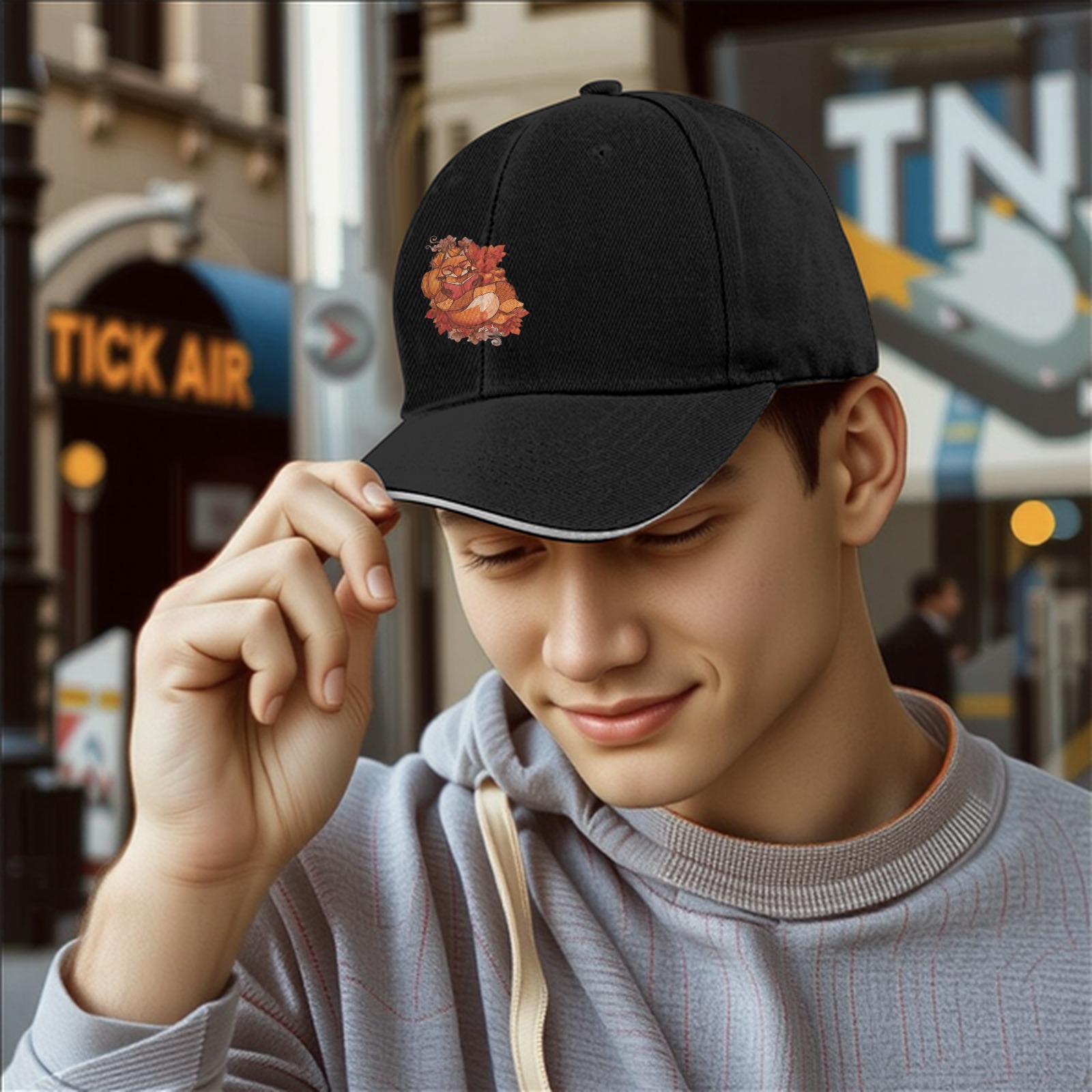 Black Baseball Cap with Autumn Fox and Pumpkin Graphic