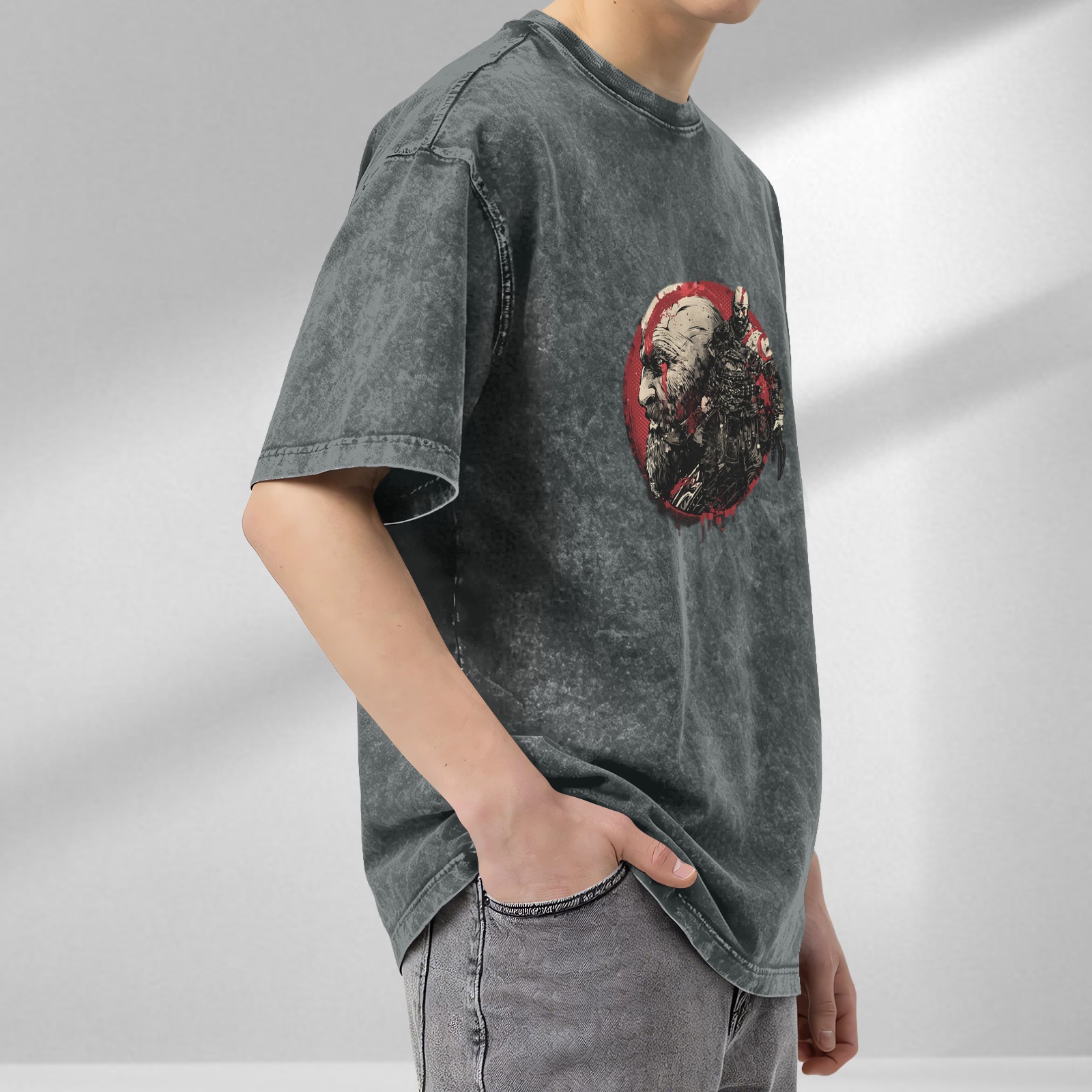 Kratos God of War Graphic Stone Wash Black T-Shirt