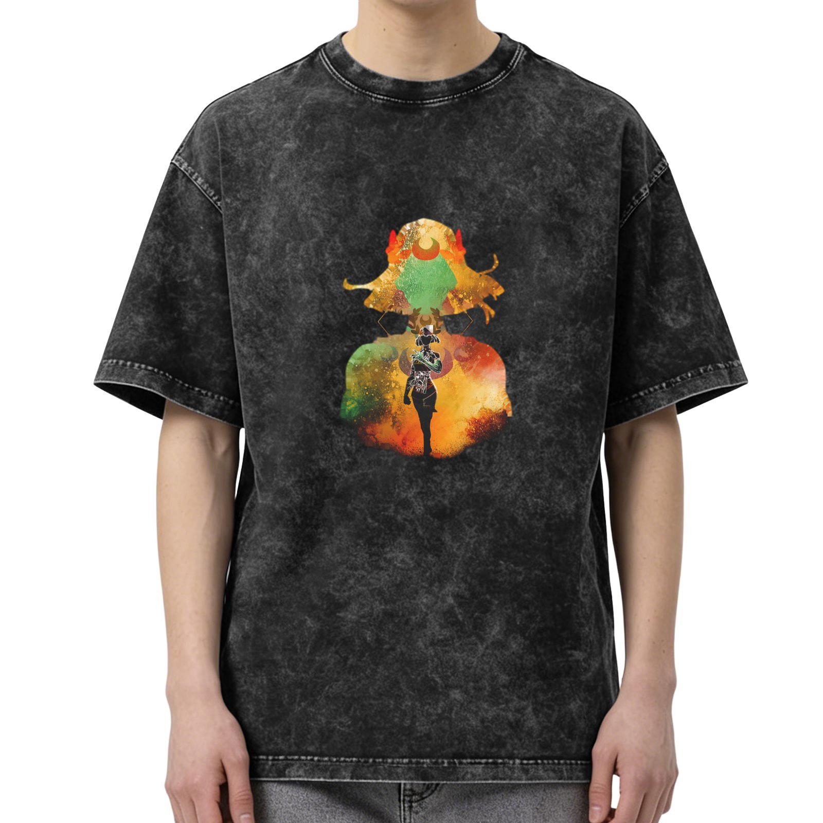 Washed Black Graphic T-Shirt with Fantasy Character Art Print