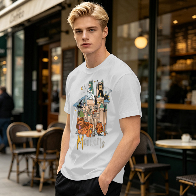 Olive T-Shirt With Whimsical Wizard Cat Castle Graphic