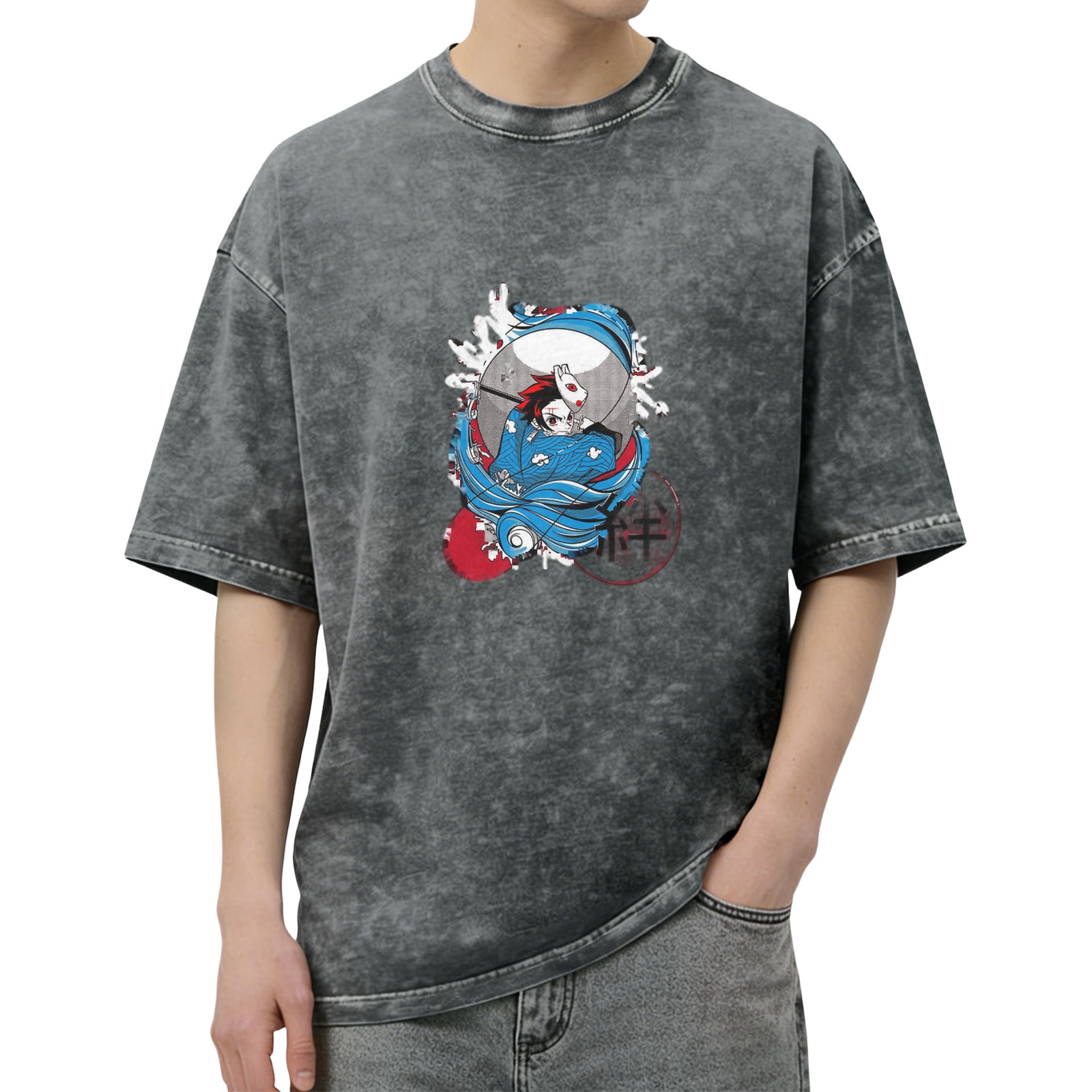 Oversized Washed Black Anime Graphic T-Shirt featuring Demon Slayer Tanjiro Kamado with Warding Mask Design