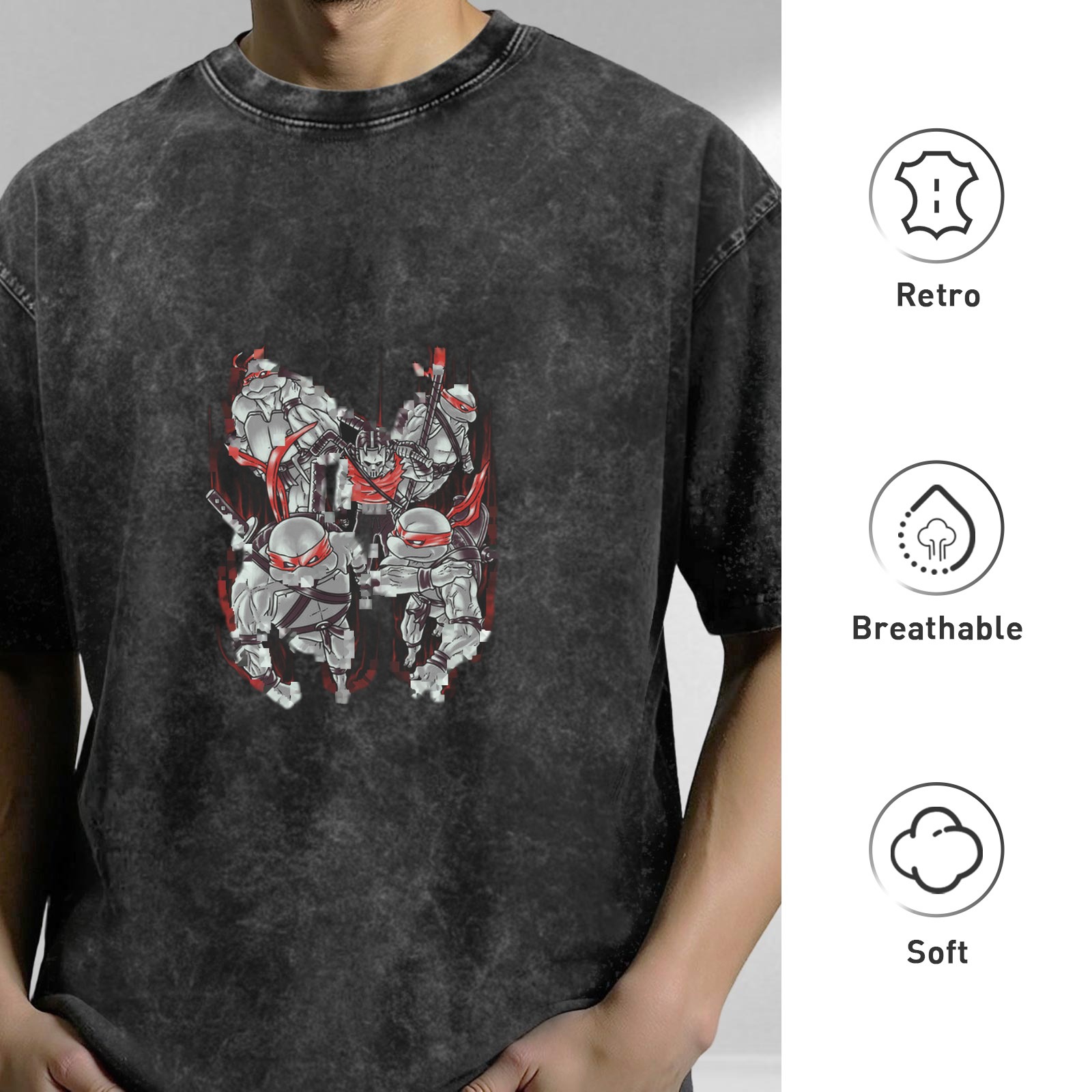 Washed Black T-Shirt with Futuristic Ninja Turtles Graphic