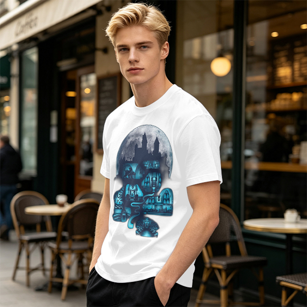 Olive T-Shirt With Glowing Castle Moon Night Graphic Print