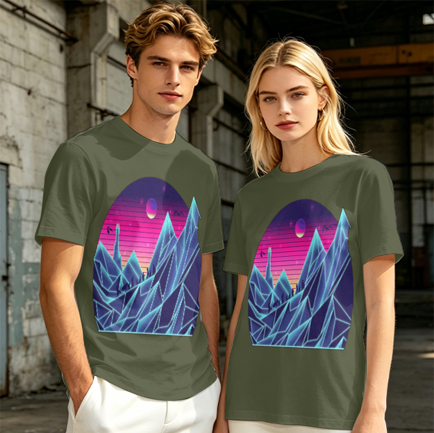 Olive T-Shirt With Synthwave Crystal Mountain Sunset Art