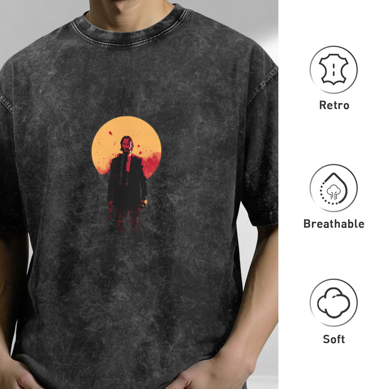 Oversized dark washed t-shirt with stylized action figure graphic