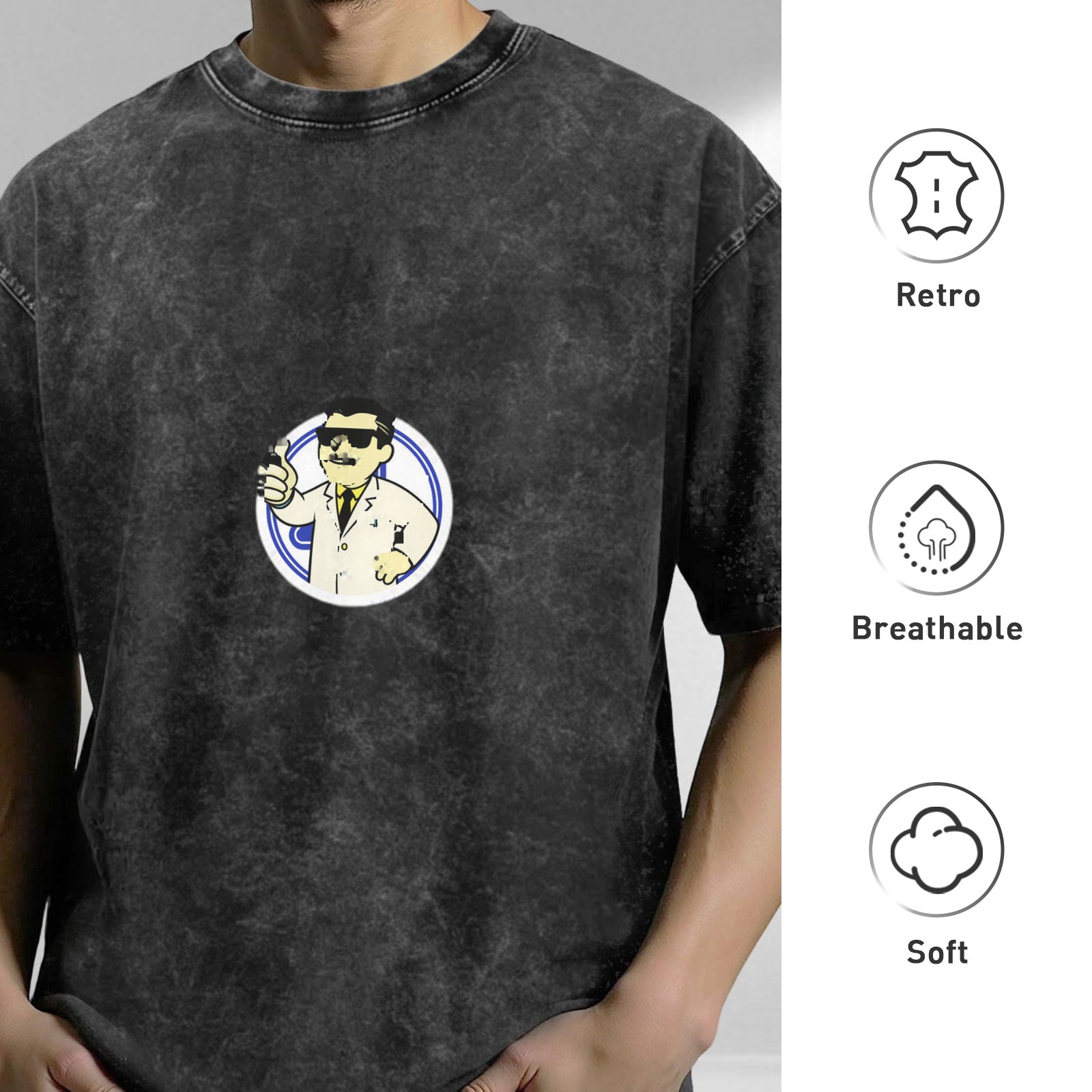 Oversized Acid Wash T-Shirt With Cartoon Scientist Print
