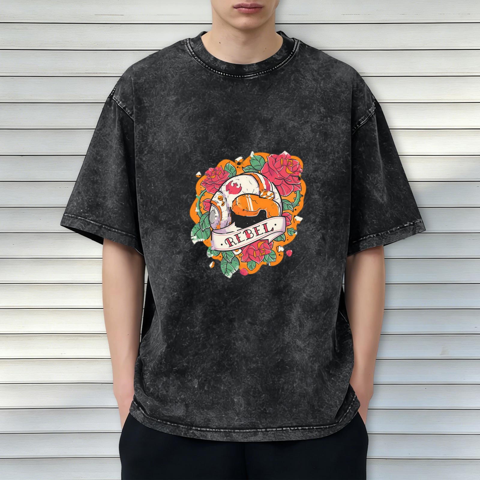 Washed Black Rebel Droid Rose Graphic T-Shirt