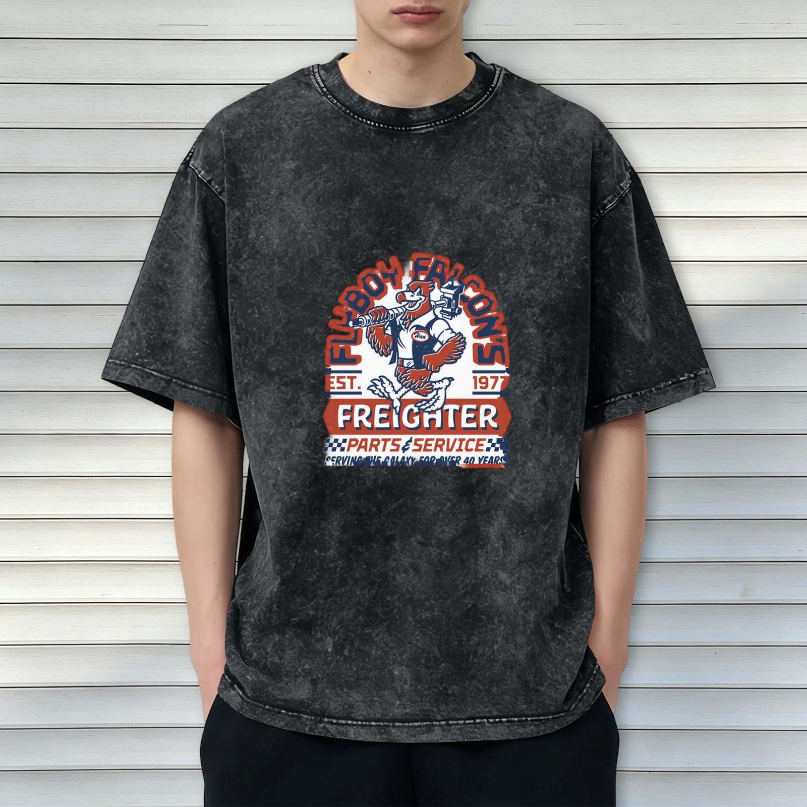 Washed Graphic T-Shirt with Falcon Freighter Parts Service Print