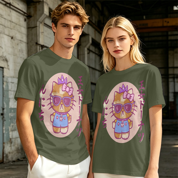 Olive T-Shirt with Cool Princess Cat Graphic Print