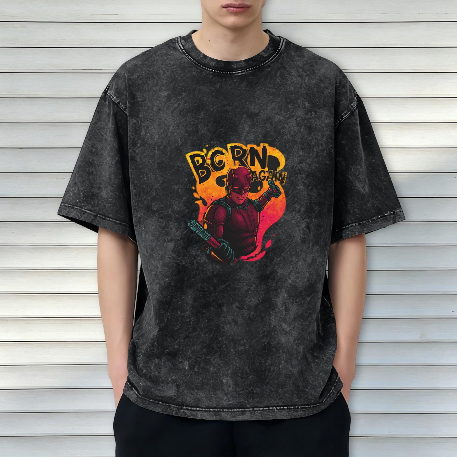 Oversized Dark Wash T-Shirt With Daredevil Born Again Graphic Print