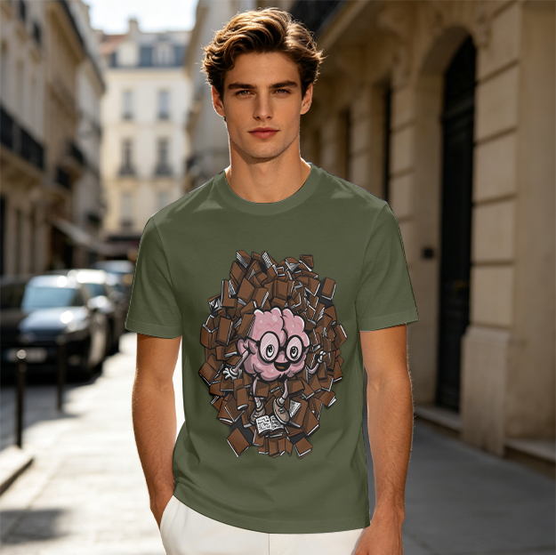 Olive T-Shirt With Cartoon Brain Breaking Through Books Artwork