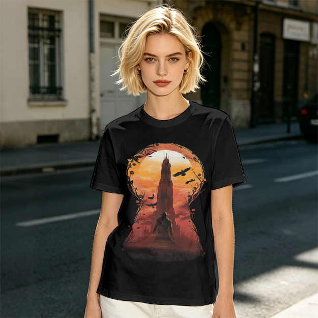 Olive T-Shirt with Keyhole Sunset Tower Art Print