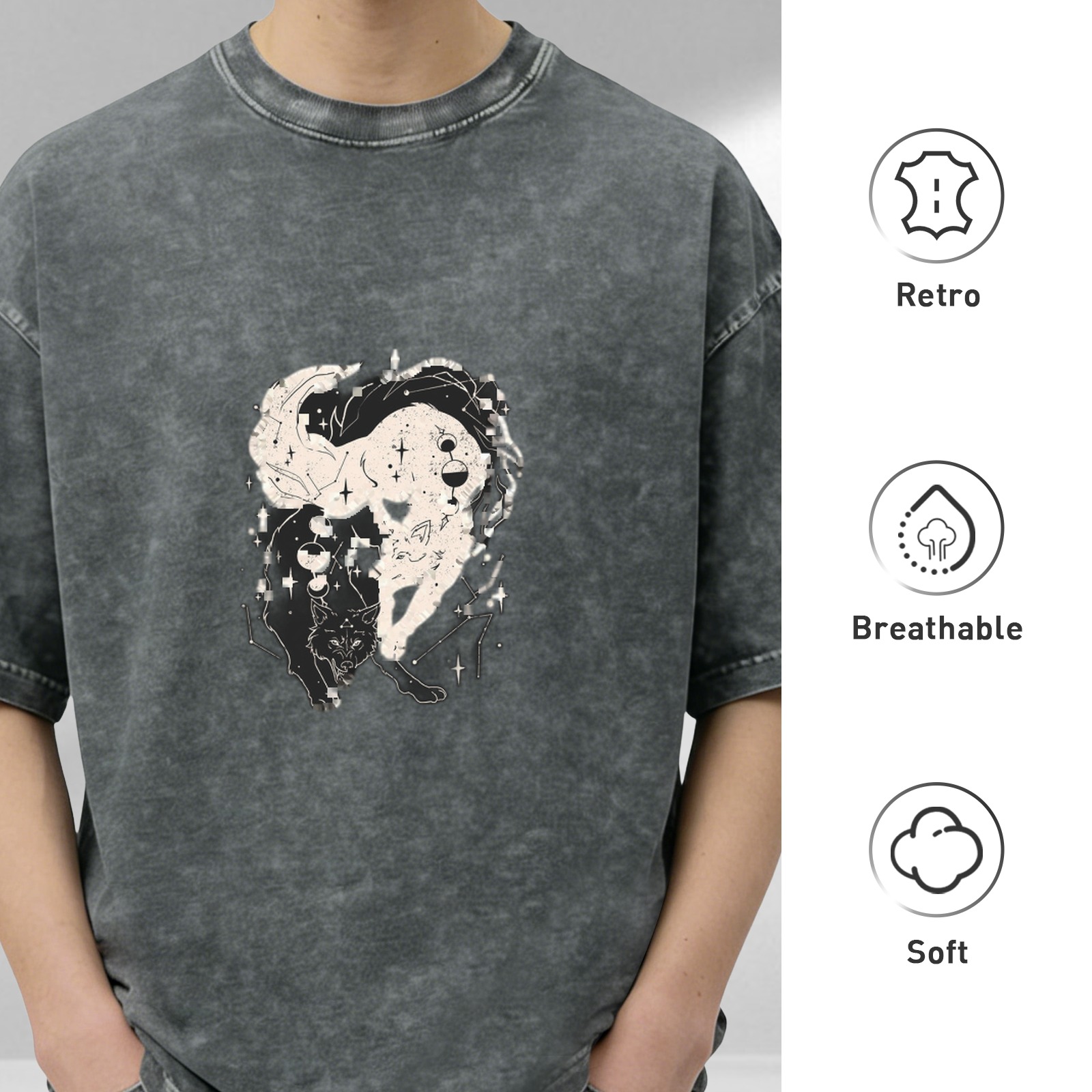 Distressed black loose short-sleeved T-shirt with starry sky nine-tailed fox pattern