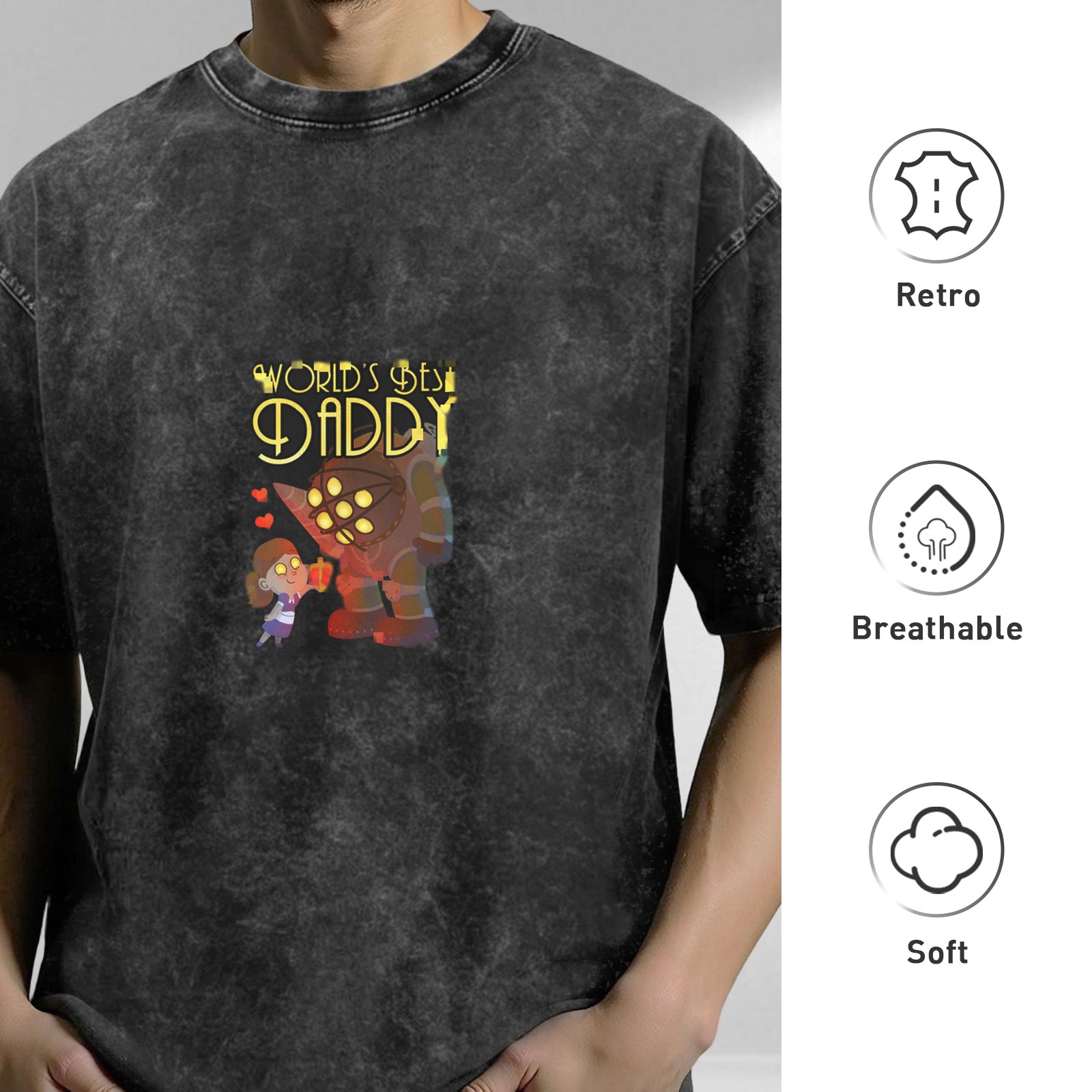 Bioshock Big Daddy & Little Sister 'World's Best Daddy' Acid Wash T-Shirt