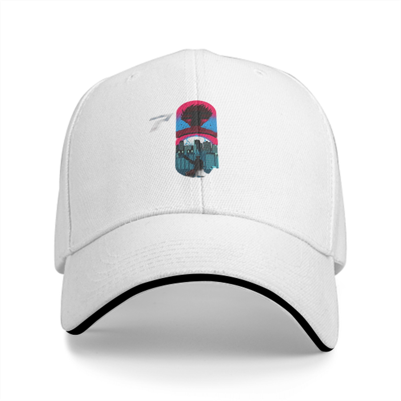 Black Baseball Cap With Cyberpunk City Silhouette Graphic