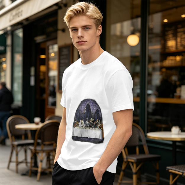 Olive Green T-Shirt with Skeletal Last Supper Graphic Print
