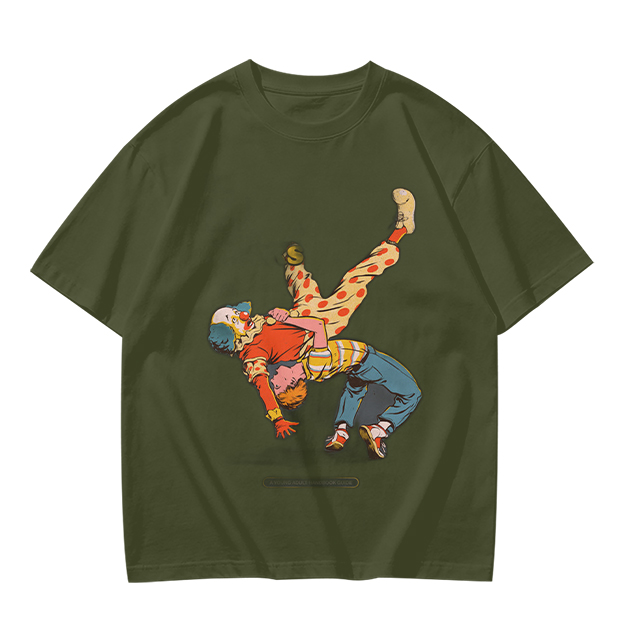 Olive T-Shirt With Clown Wrestling Graphic Print