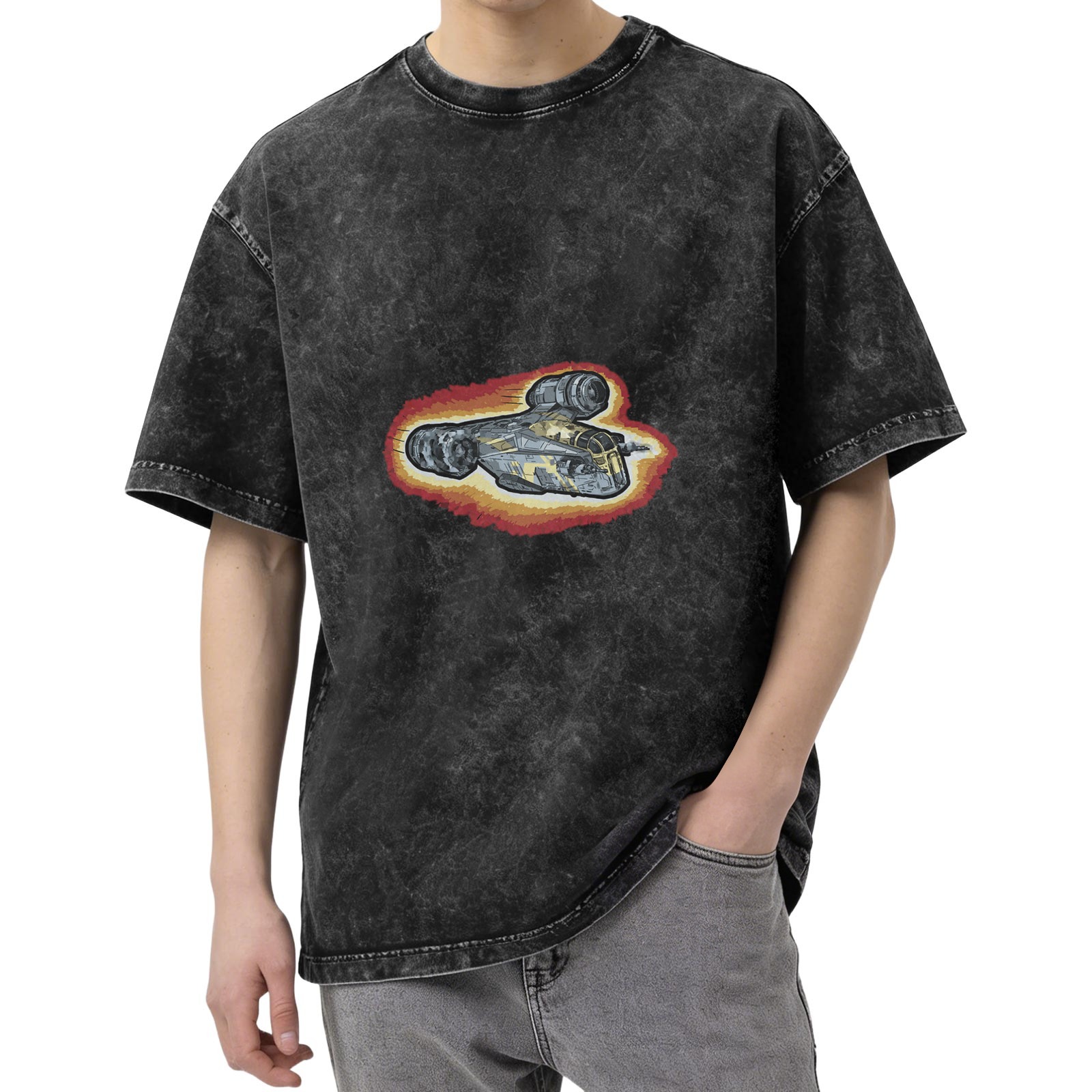 Oversized Acid Wash T-Shirt With Flying Spaceship Graphic