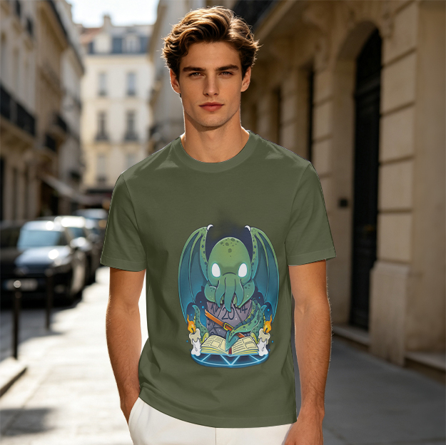 Olive T-shirt with Cute Cthulhu Reading Grimoire Print
